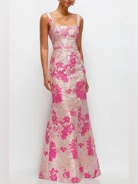 Dessy Collection Pink Floral Square-Neck Maxi Gown
